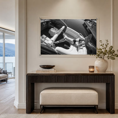 Sea La Vie BW wall art styled above a lakeside entryway console table