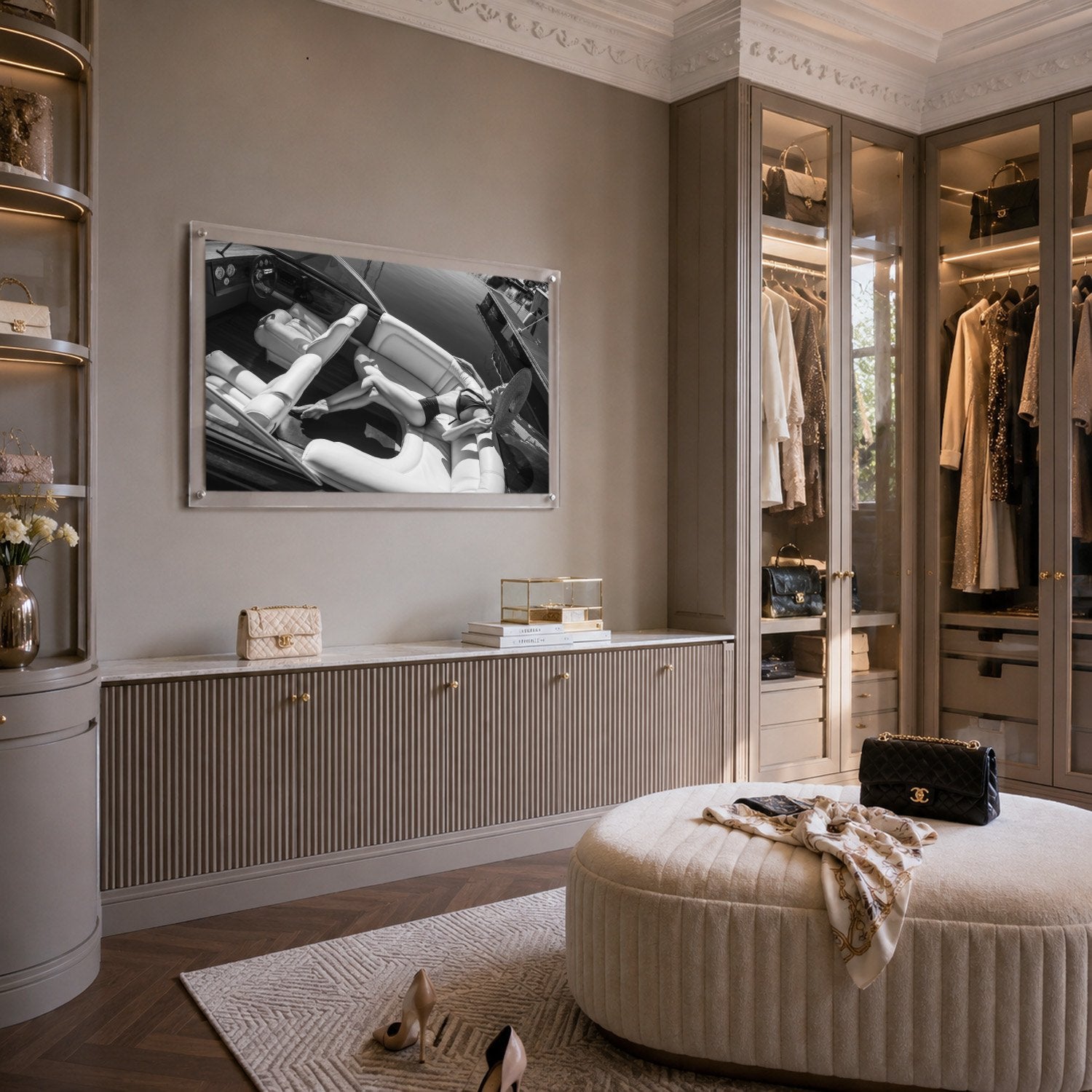 Sea La Vie BW wall art decorating a chic Parisian-style dressing room
