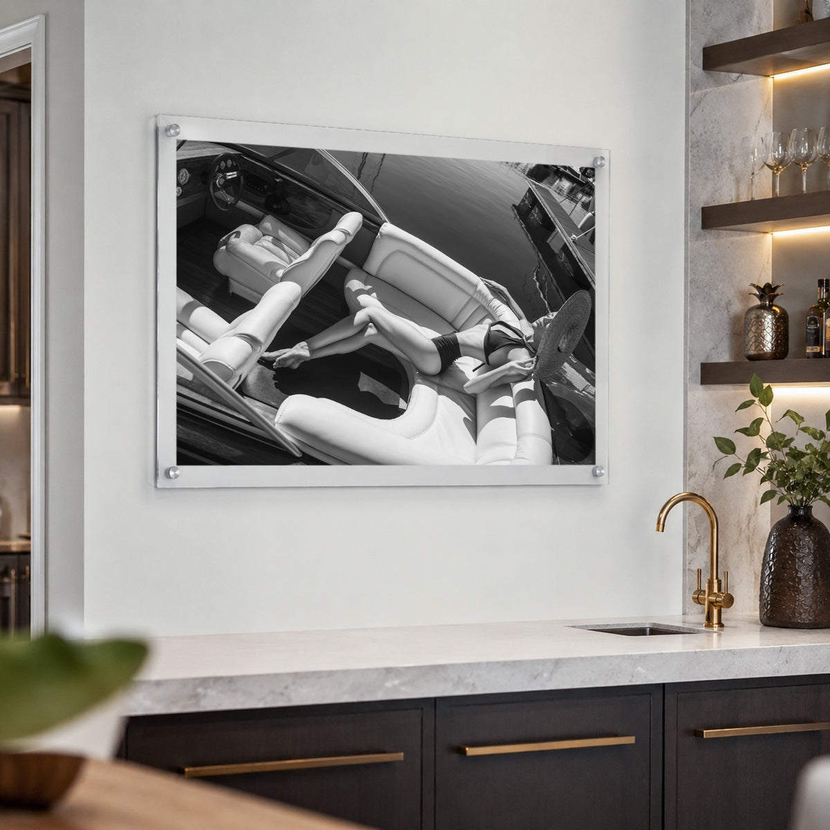 Sea La Vie BW wall art displayed neatly above a clean white kitchen bar