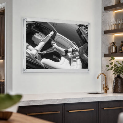 Sea La Vie BW wall art displayed neatly above a clean white kitchen bar