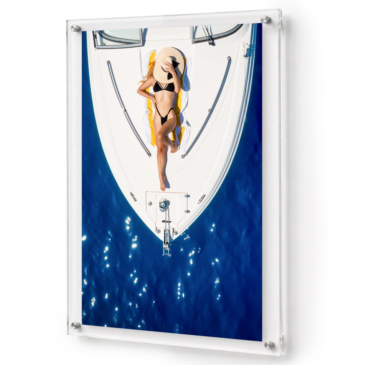 Sun Deck Society acrylic wall art seen angled on a plain white wall
