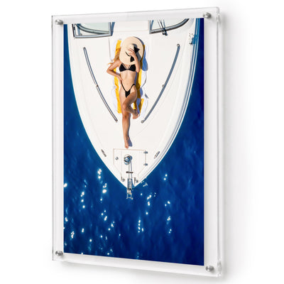 Sun Deck Society acrylic wall art seen angled on a plain white wall