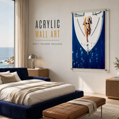 Sun Deck Society wall art hung in a bright modern bedroom with a blue bed