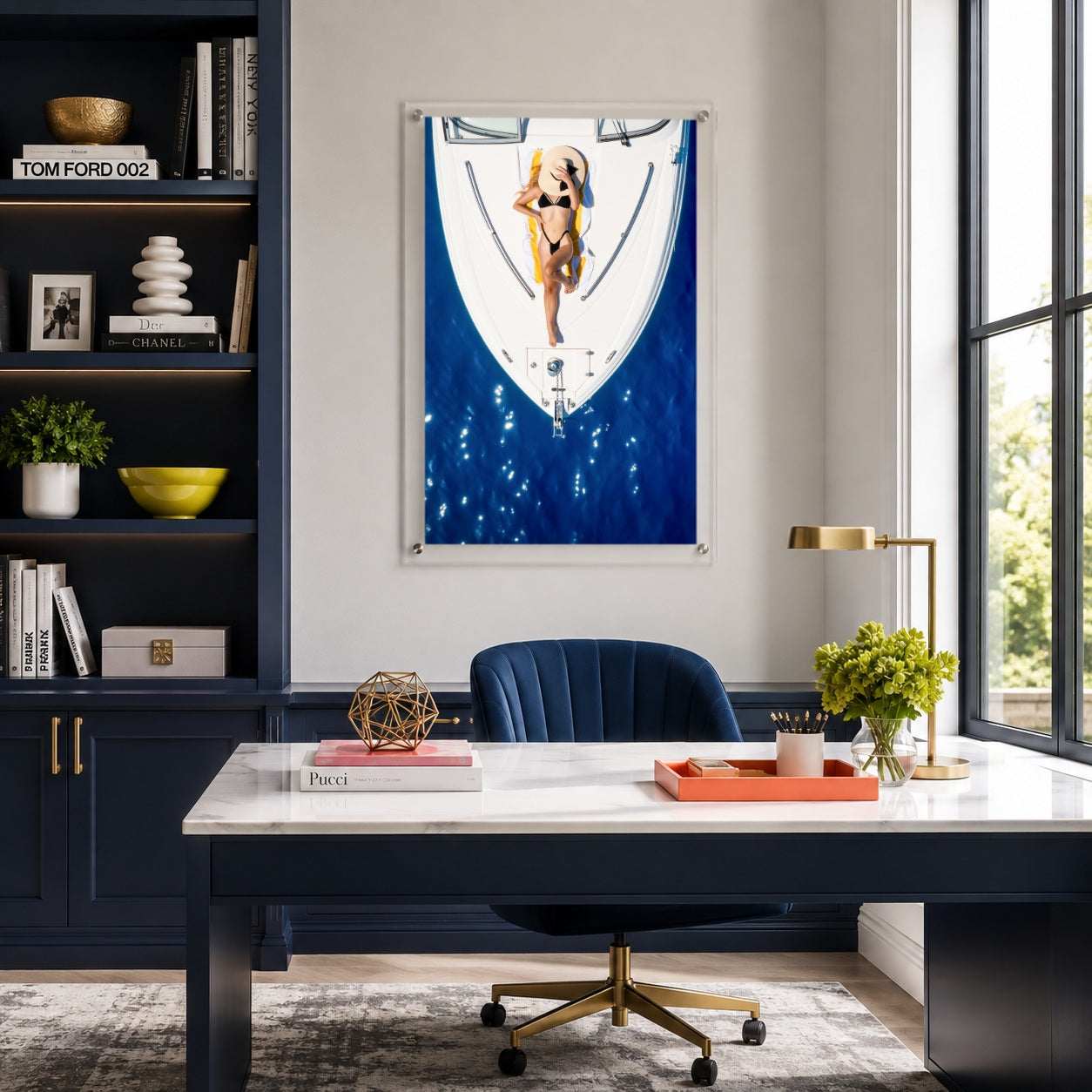 Sun Deck Society wall art displayed inside a navy home office with a desk
