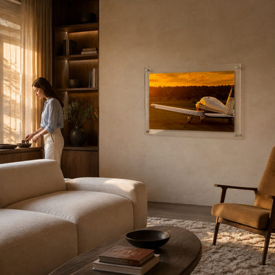 Piper, Cleared for Sunset Acrylic Wall Art Print displayed in a warm modern living room