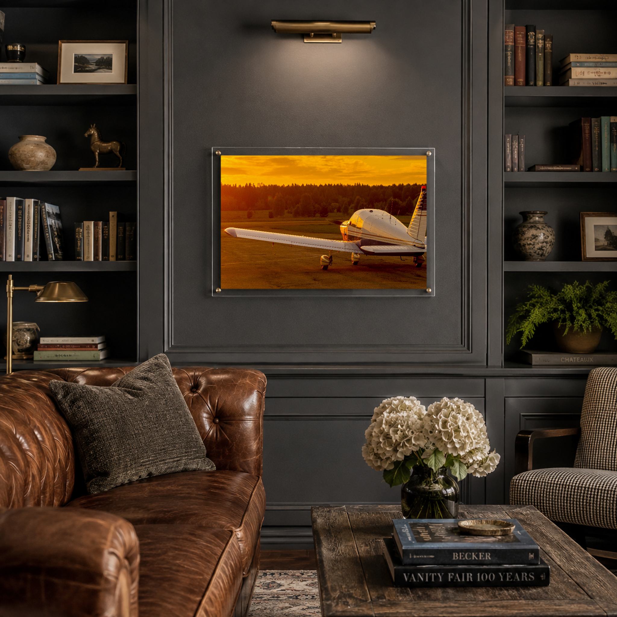 Horizontal aviation acrylic wall art with small plane and golden sky