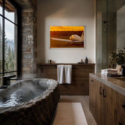Horizontal airplane wall art with glowing sunset sky