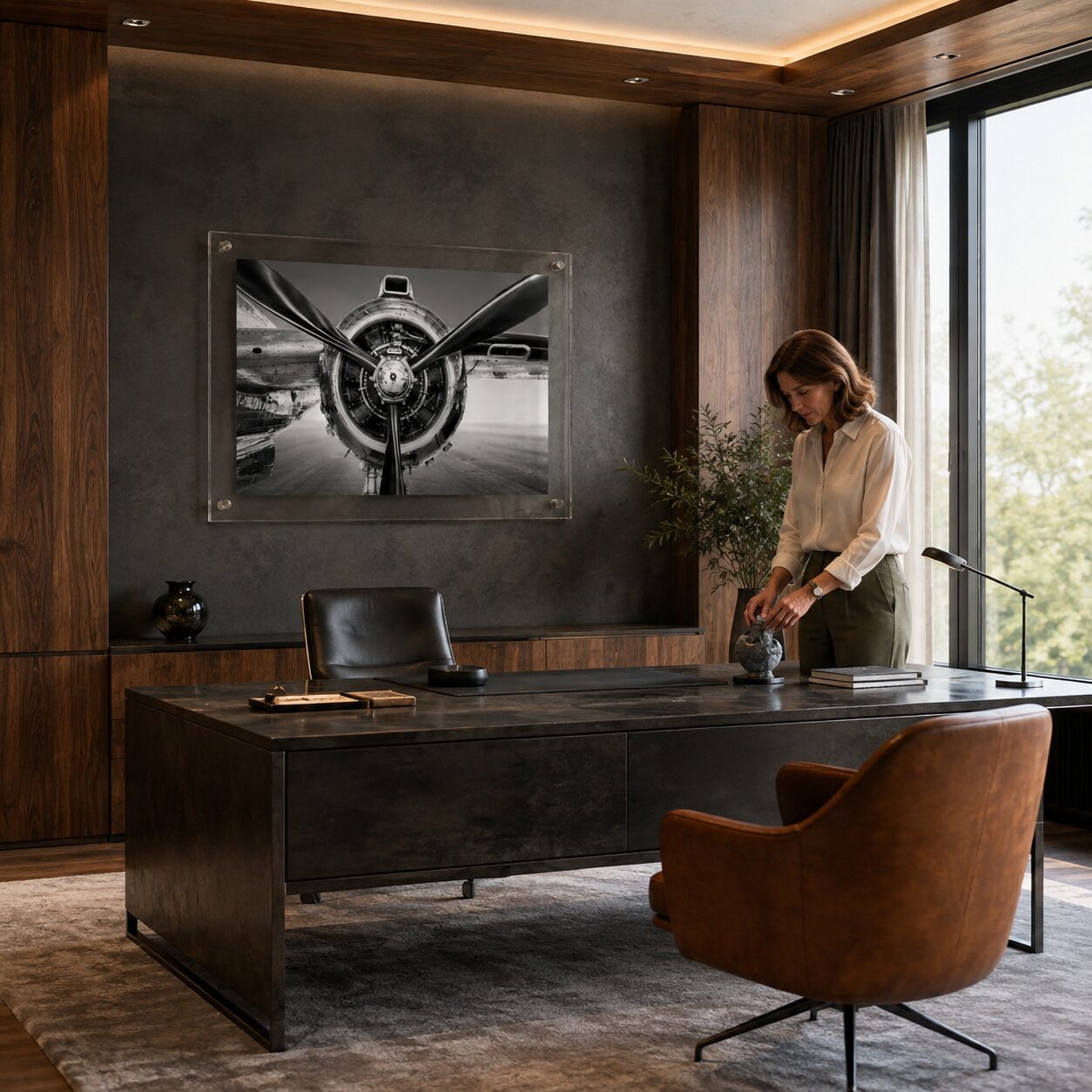 Prop Culture BW wall art hung inside an office with a standing woman