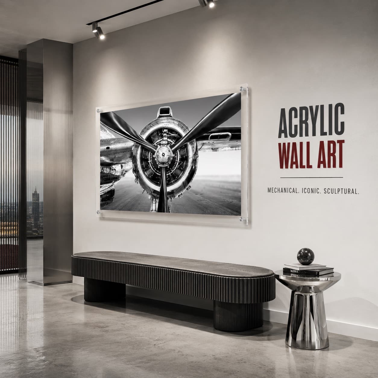 Prop Culture BW wall art hanging above a bench in a modern hallway