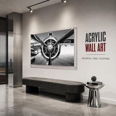 Prop Culture BW wall art hanging above a bench in a modern hallway