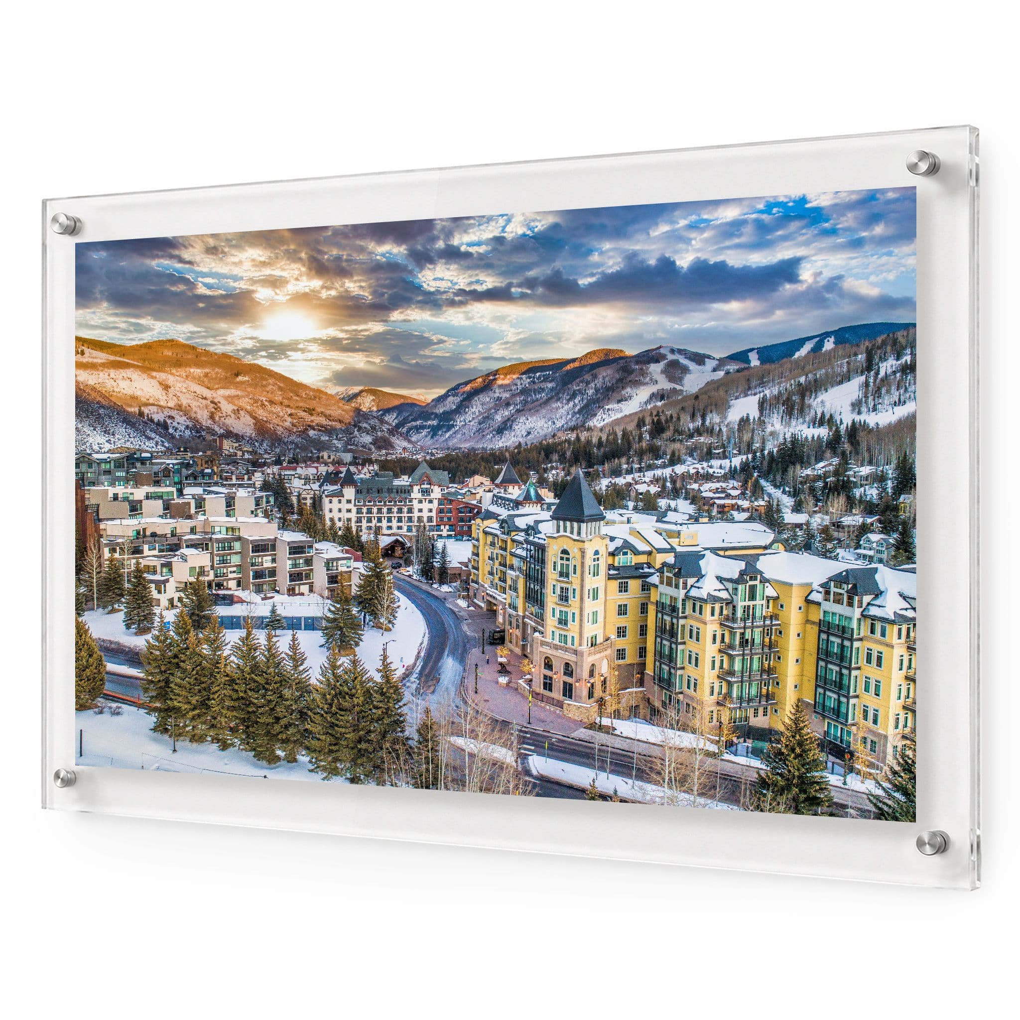 Vail We Meet Again acrylic wall art shown angled on a white wall