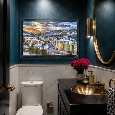 Vail We Meet Again wall art hung in a dark moody art deco powder room