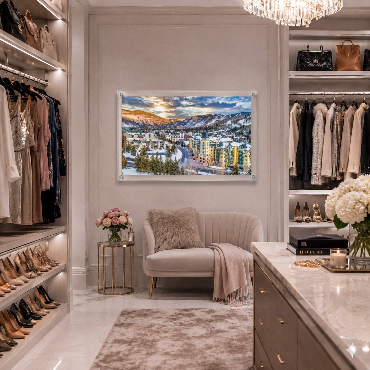 Vail We Meet Again wall art decorating a glamorous chic walk in closet