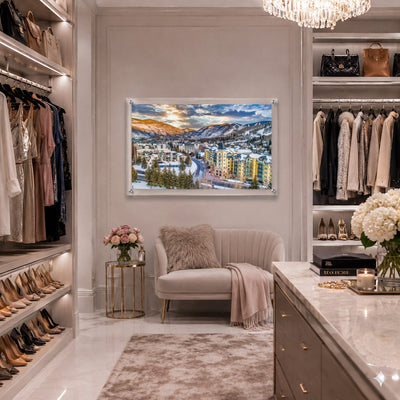 Vail We Meet Again wall art decorating a glamorous chic walk in closet