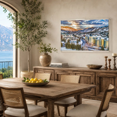 Vail We Meet Again wall art hung in an Italian dining room by the lake