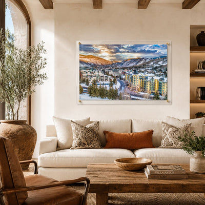 Vail We Meet Again wall art styling a bright Tuscan living room design