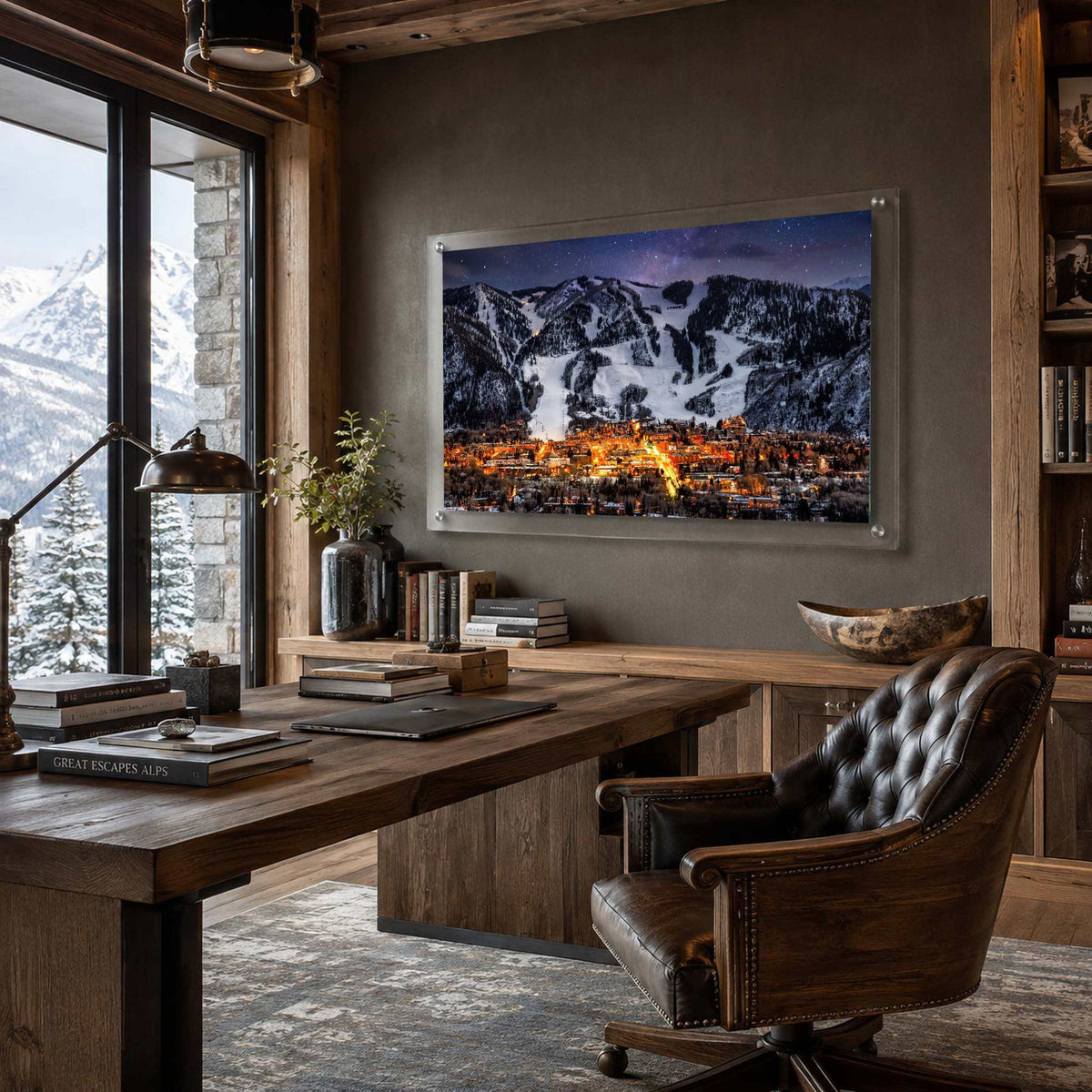 Goodnight Aspen wall art hung in a rustic mountain office with a desk