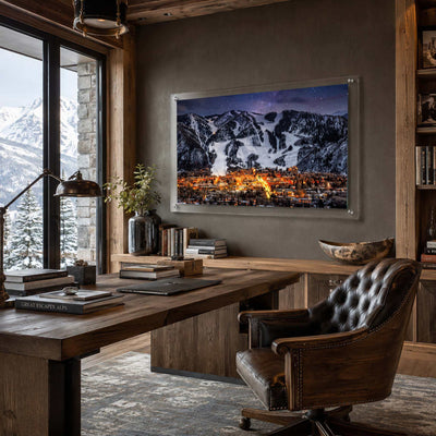 Goodnight Aspen wall art hung in a rustic mountain office with a desk