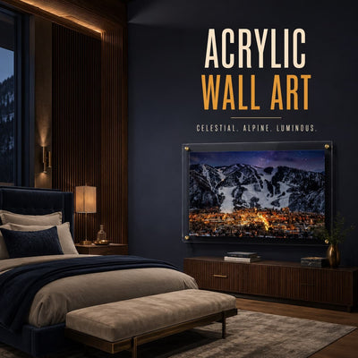 Goodnight Aspen wall art displayed in a dark bedroom above a low bench