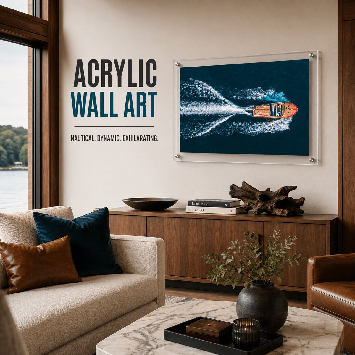 Wake Maker acrylic wall art print featuring a speedboat on deep blue water