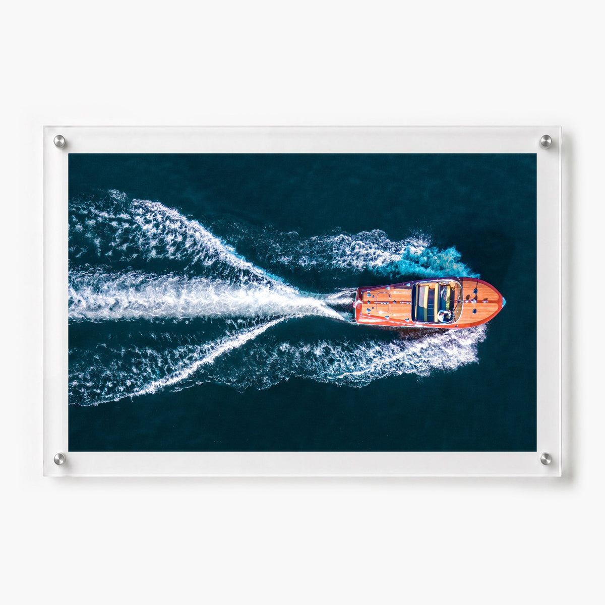 Wake Maker acrylic print with orange speedboat and white ocean wake