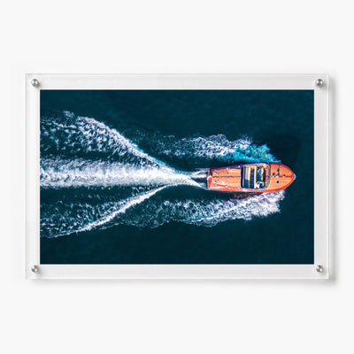 Wake Maker acrylic print with orange speedboat and white ocean wake