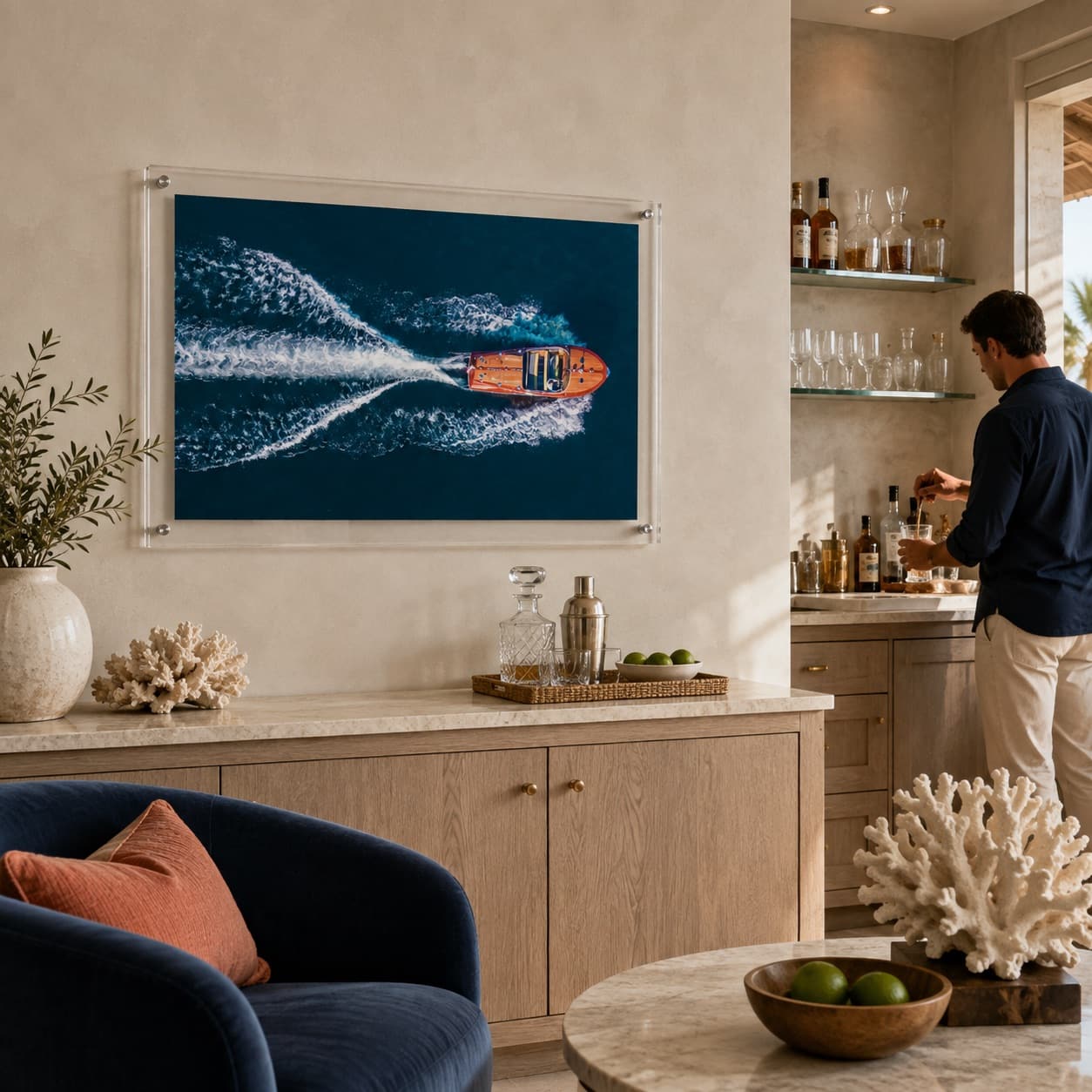 Wake Maker Acrylic Wall Art Print displayed in a modern home bar