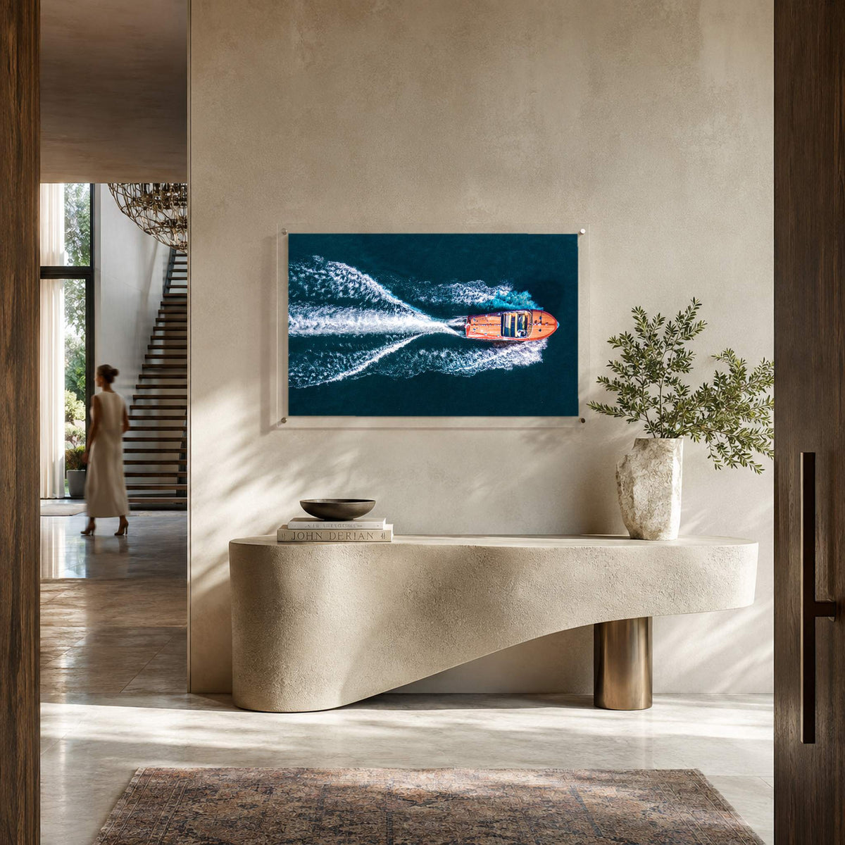 Nautical wall art print with speedboat and dramatic white wake
