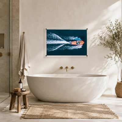 Horizontal acrylic wall art featuring a wooden speedboat and ocean wake