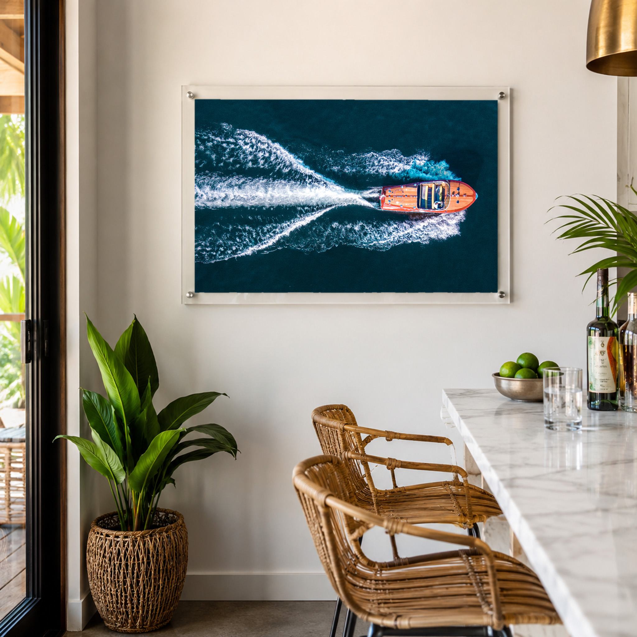 Wake Maker coastal acrylic wall art with speedboat and ocean wake