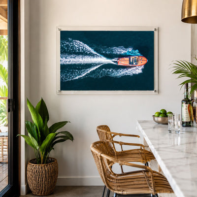 Wake Maker coastal acrylic wall art with speedboat and ocean wake