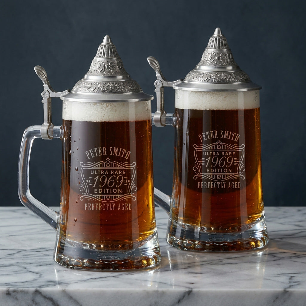 Two glass steins with silver lids filled with beer, engraved with 'Peter Smith Ultra Rare 1969 Edition Perfectly Aged'.