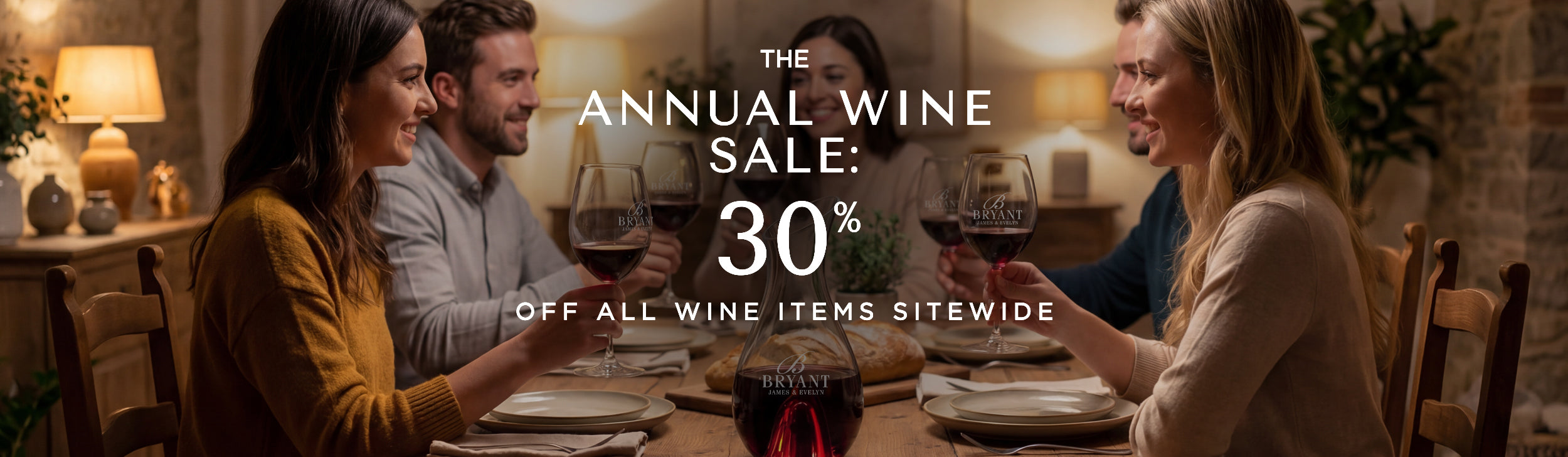 Advertisement for an annual wine sale with people at a dinner table.