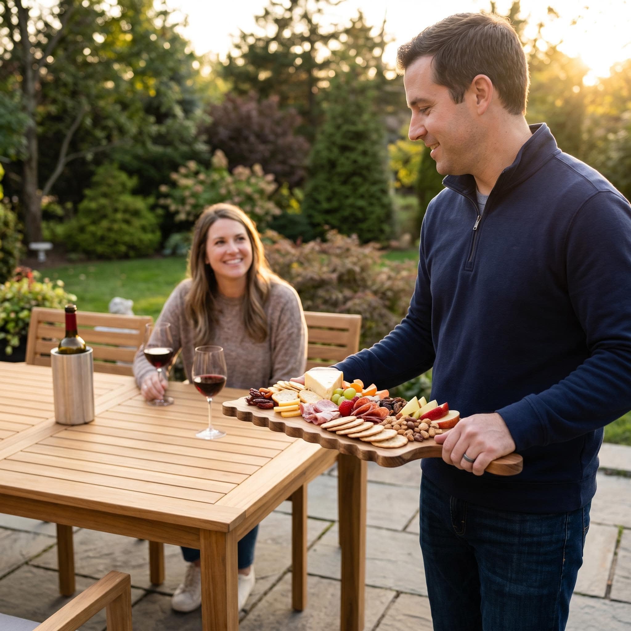 Man bringing a loaded scalloped acacia cheese board to a patio table