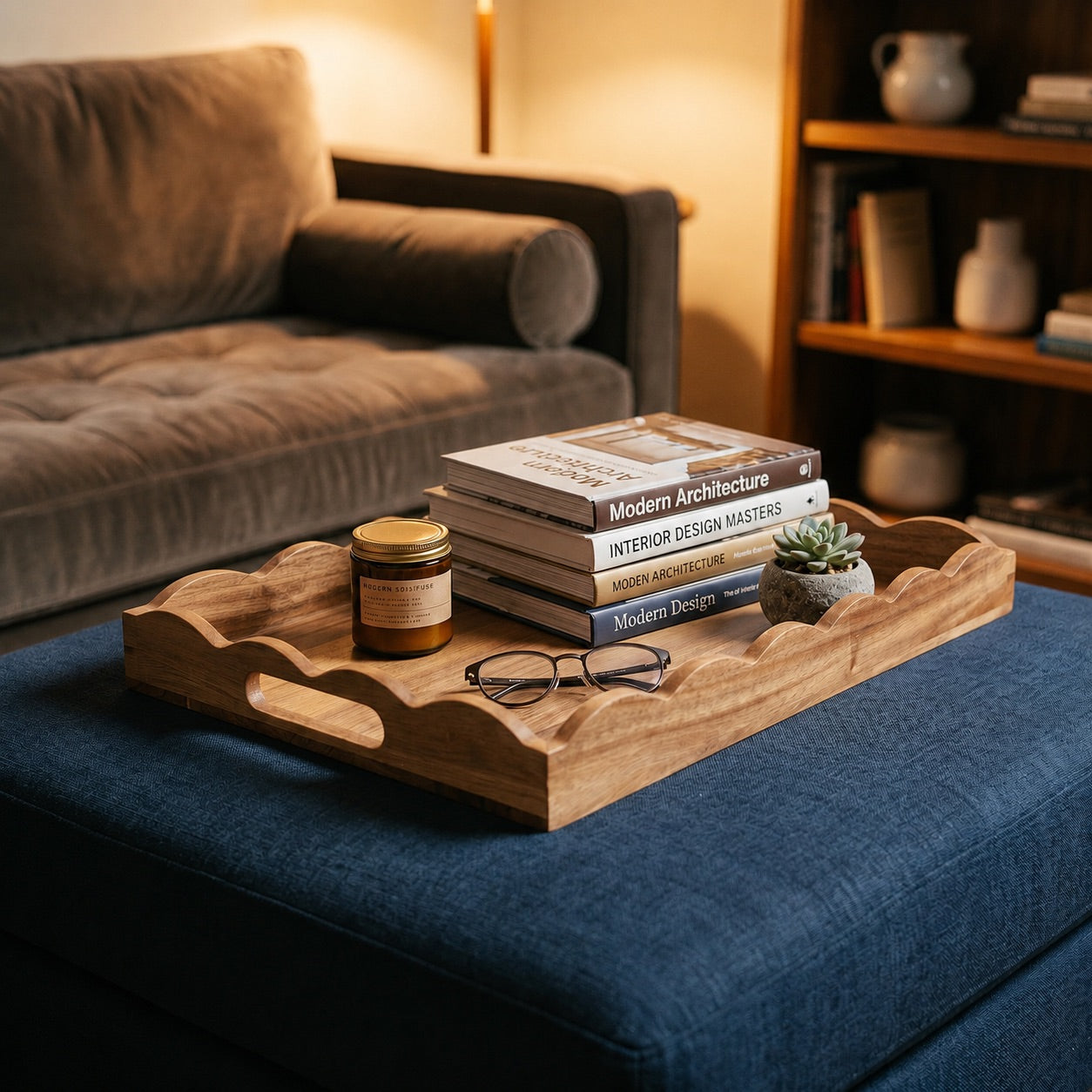 Acacia wood scalloped serving tray styled on a blue ottoman