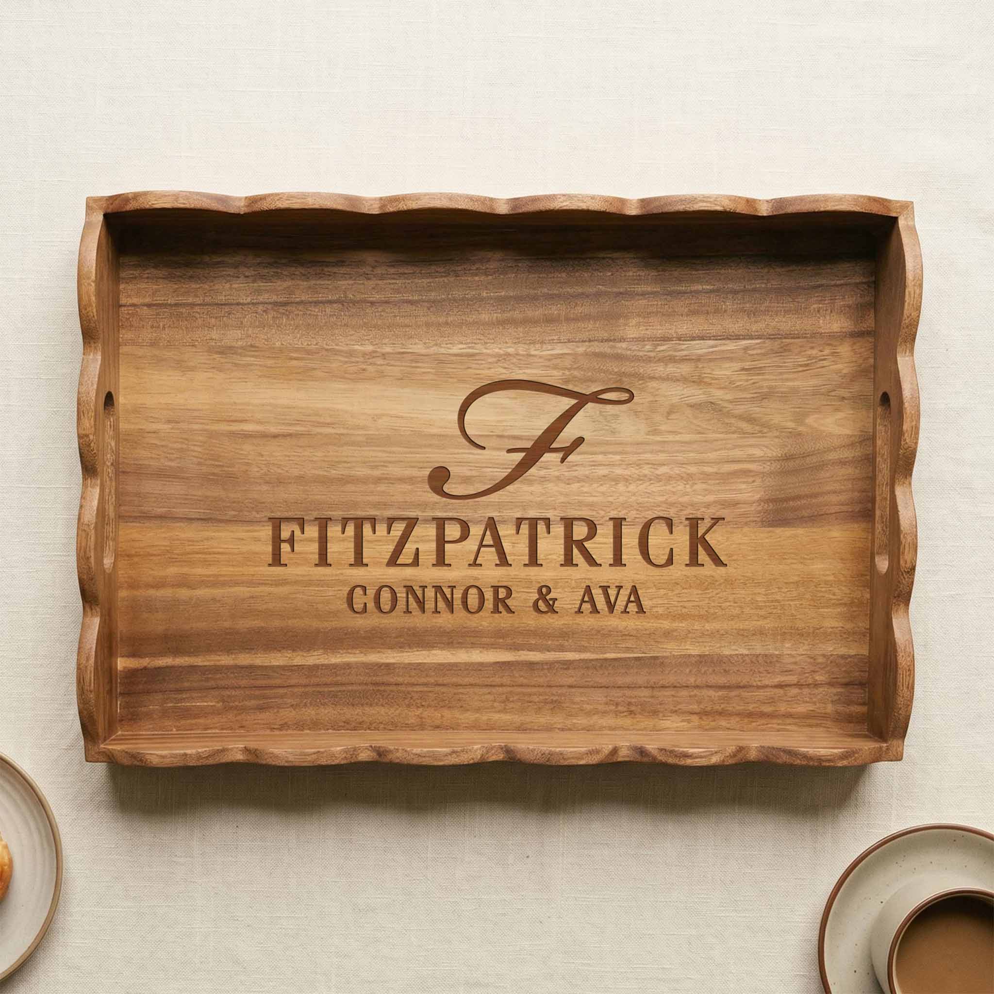Engraved wood tray personalized with the Fitzpatrick family name