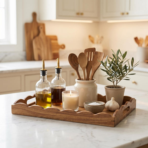 Acacia scalloped wood serving tray styled on a kitchen island