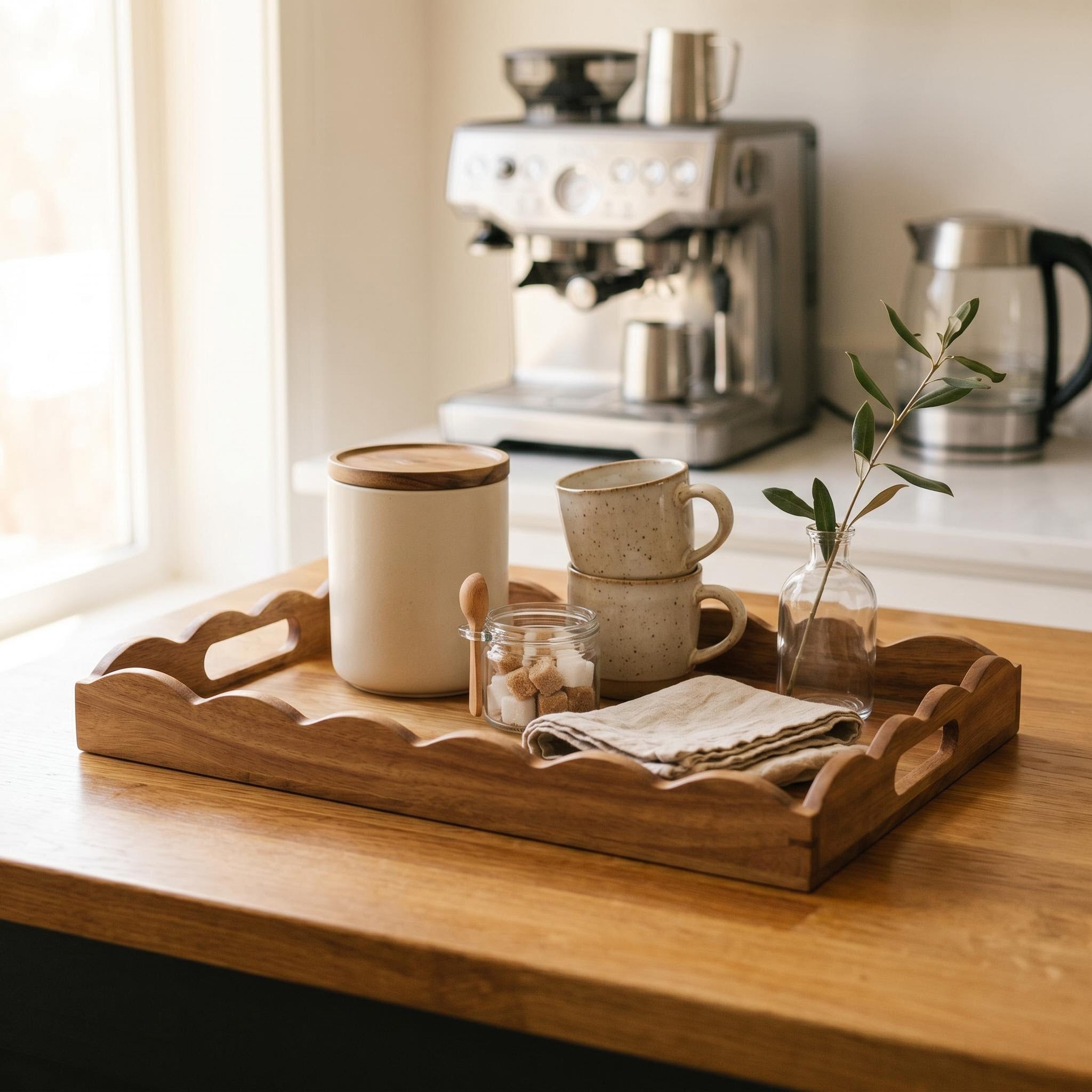 Scalloped wood tray displayed as a functional coffee station centerpiece