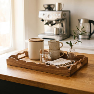 Scalloped wood tray displayed as a functional coffee station centerpiece