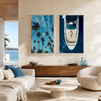 Palm Parade tropical acrylic wall art paired with yacht wall art in a living room
