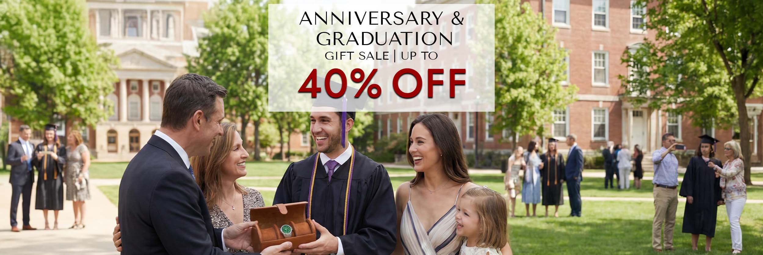Promotional banner for an anniversary and graduation gift sale with graduates on campus