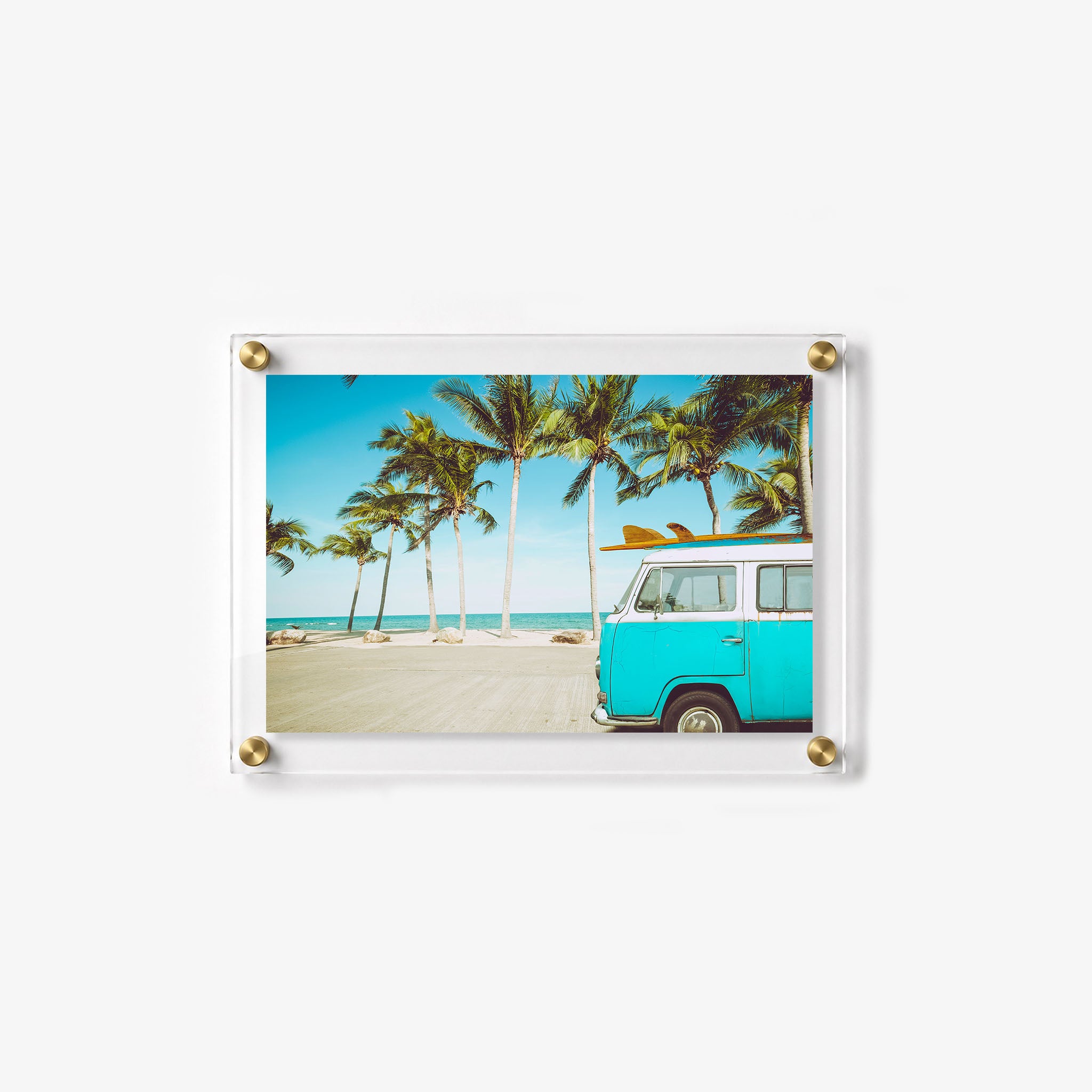 Vintage surf van acrylic wall art with palm trees and clear coastal scenery