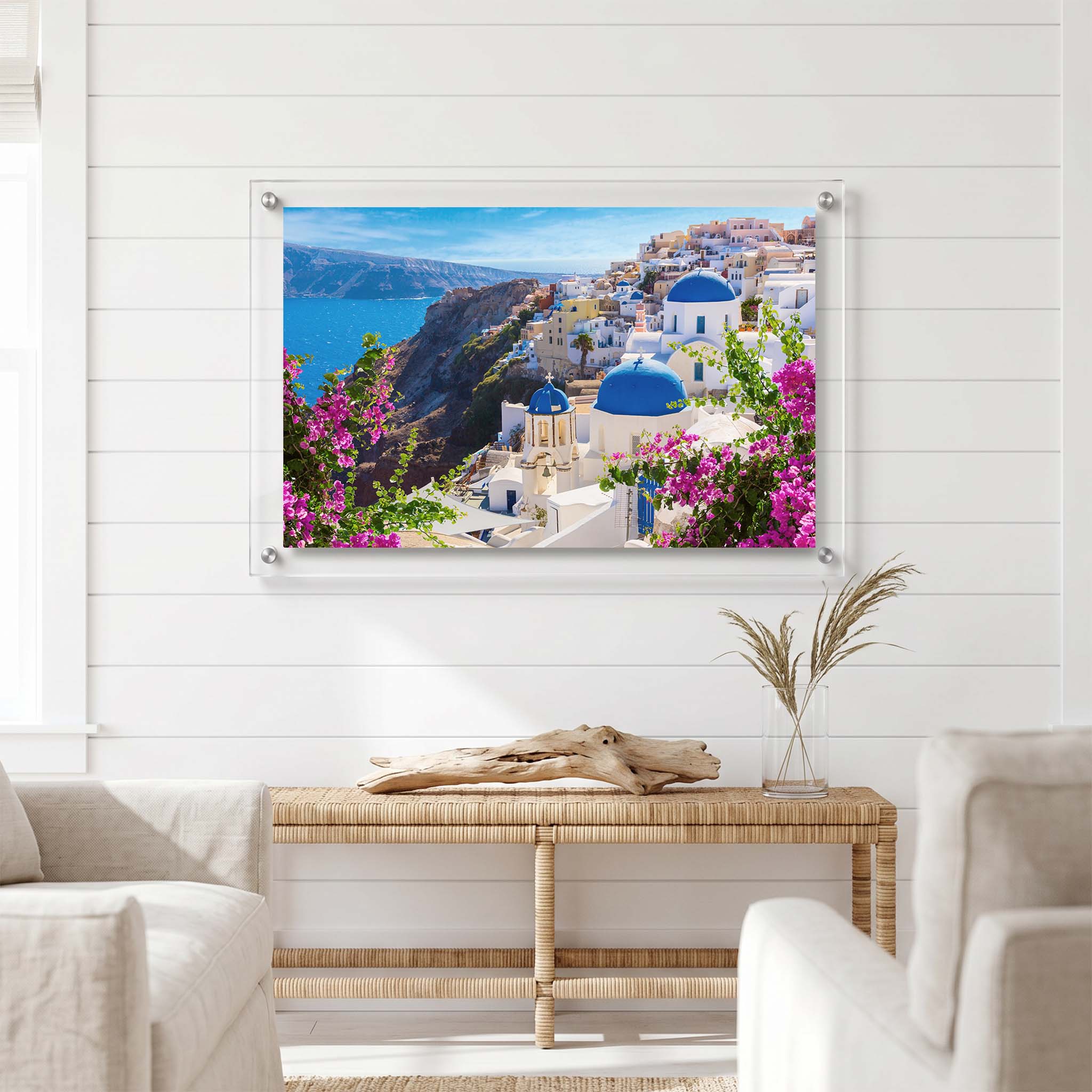 Scenic Santorini wall art displayed in a bright living room