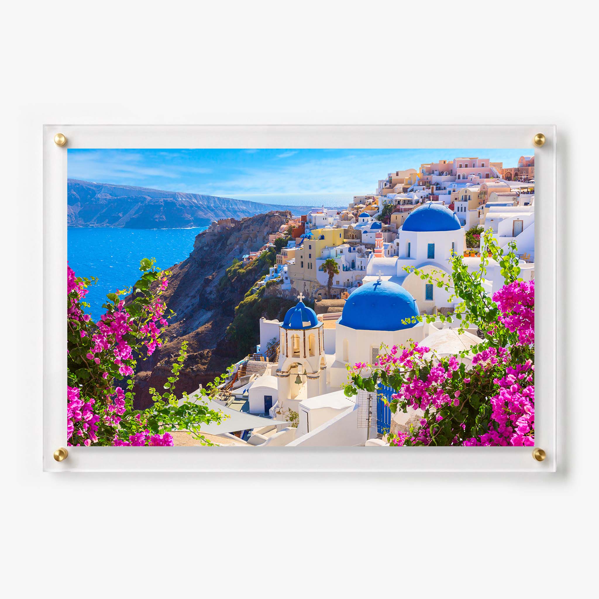 Scenic Santorini wall art with bright blue church domes, whitewashed homes, and the Aegean Sea