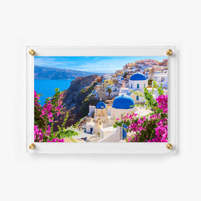 Colorful Greek island wall art showing blue domes 