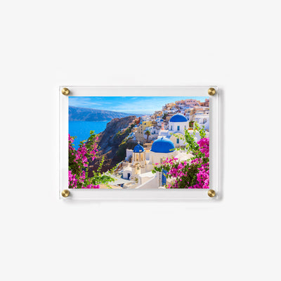 Acrylic wall art of Santorini churches overlooking the Aegean Sea