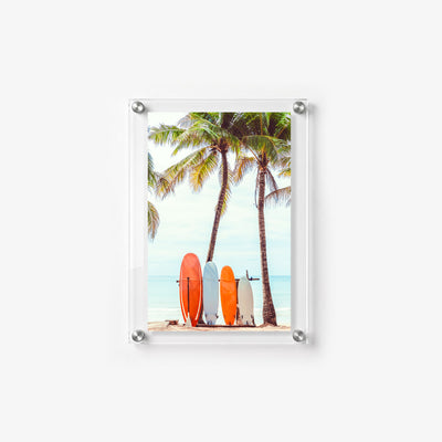 Sunny tropical scene featuring four surfboards displayed beneath coconut palms