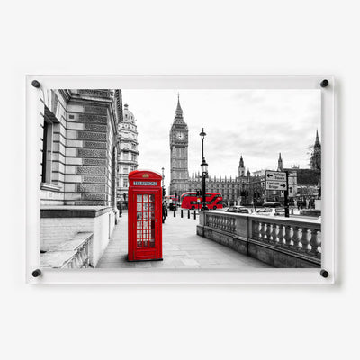 London acrylic wall art featuring telephone booth, red buses, and Big Ben
