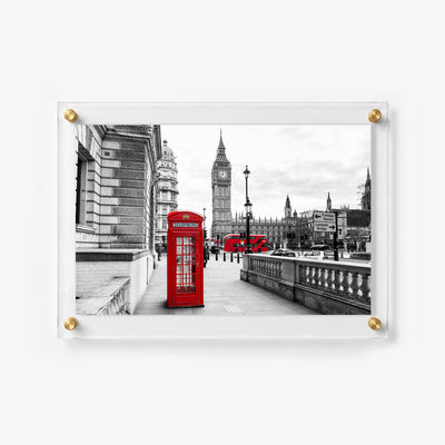 Black and white London street scene featuring Big Ben and British landmarks