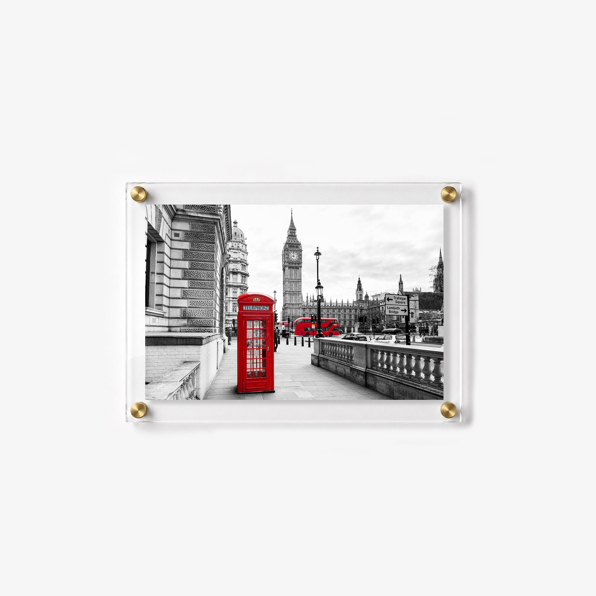 London landmark artwork with Big Ben, red buses, and red telephone booth